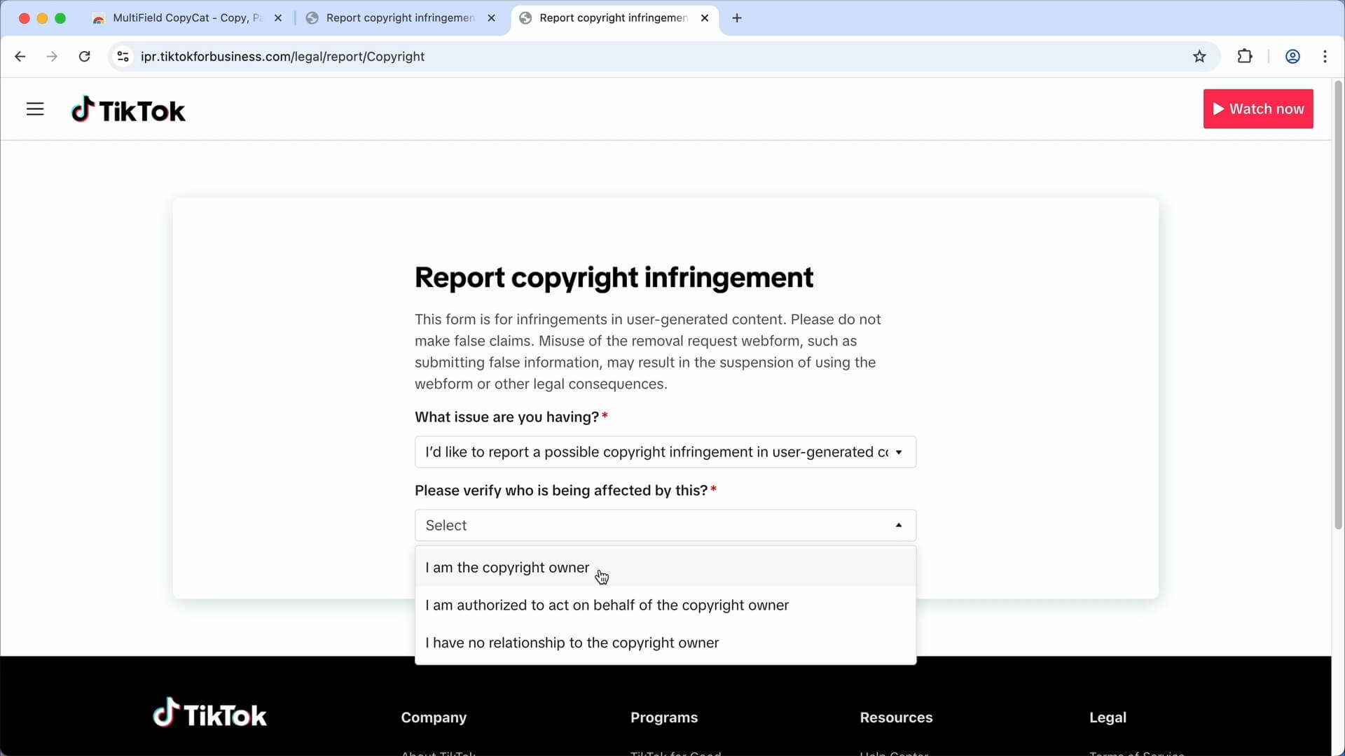 Selecting options to report copyright infringement | MultiField CopyCat
